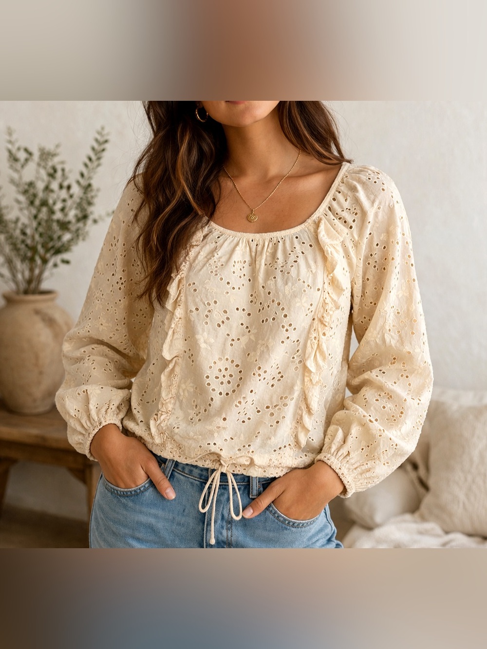 Joie Cream Eyelet Ruffle Peasant Boho Blouse 100% Cotton Size M